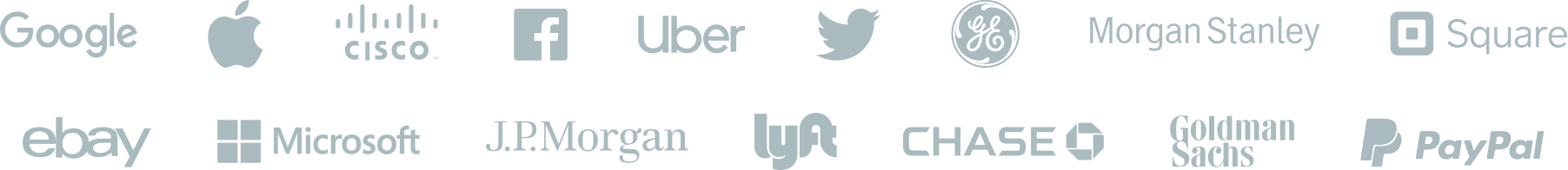 Fortune 500 company logos - Google, Apple, Cisco, Facebook, Uber, Twitter, GE, Morgan Stanley, Square, eBay, Microsoft, J.P.Morgan, Lyft, Chase, Goldman Sachs, PayPal